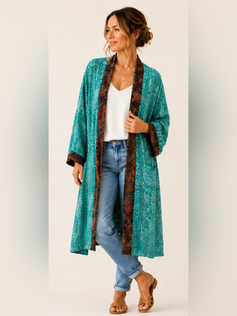 Karma Highway Long Reversible Kimono Jacket Teal Brown Paisley NWT O/S